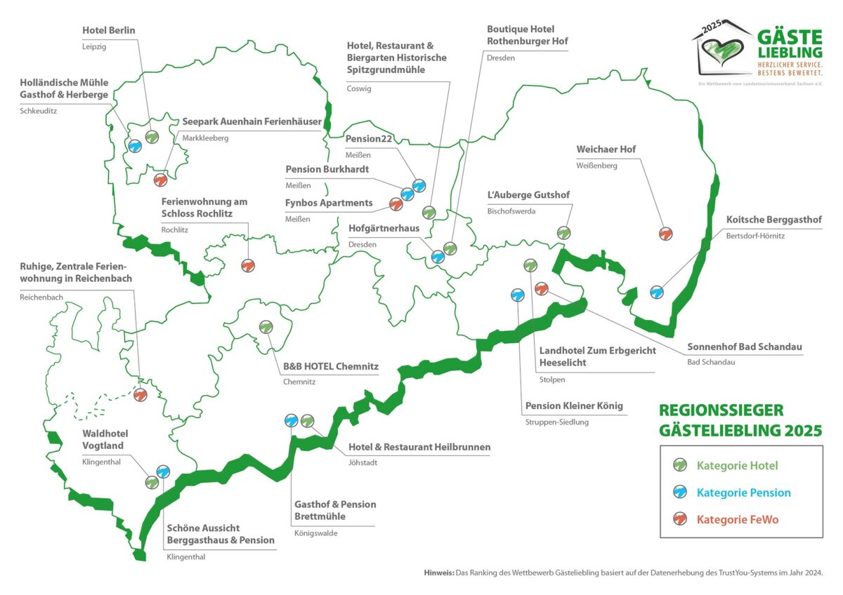 Zu sehen ist eine Karte von Sachsen, auf der die Regionssieger Gästeliebling 2025 mit Pins vermerkt sind. Es werden Gastgeber der Kategorien Hotel, Pension und Ferienwohnung angezeigt.