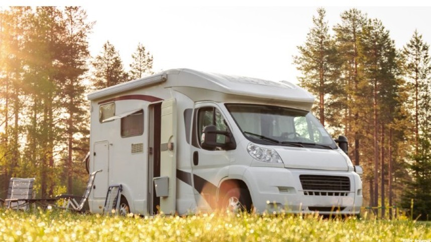 Wohnmobil auf einer Wiese umgeben von Bäumen